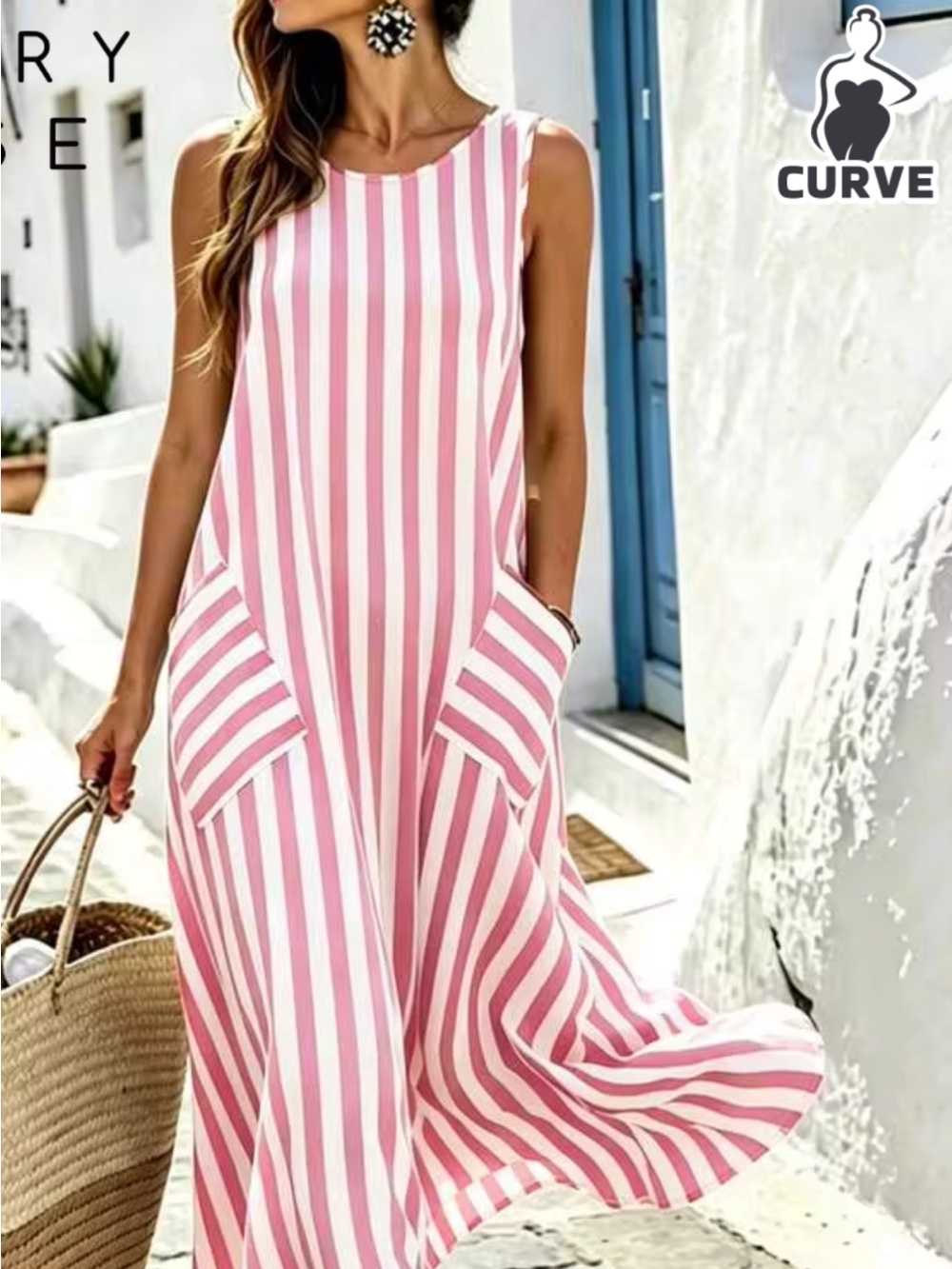 New Sleeveless Pink & White Striped Maxi Dress xl